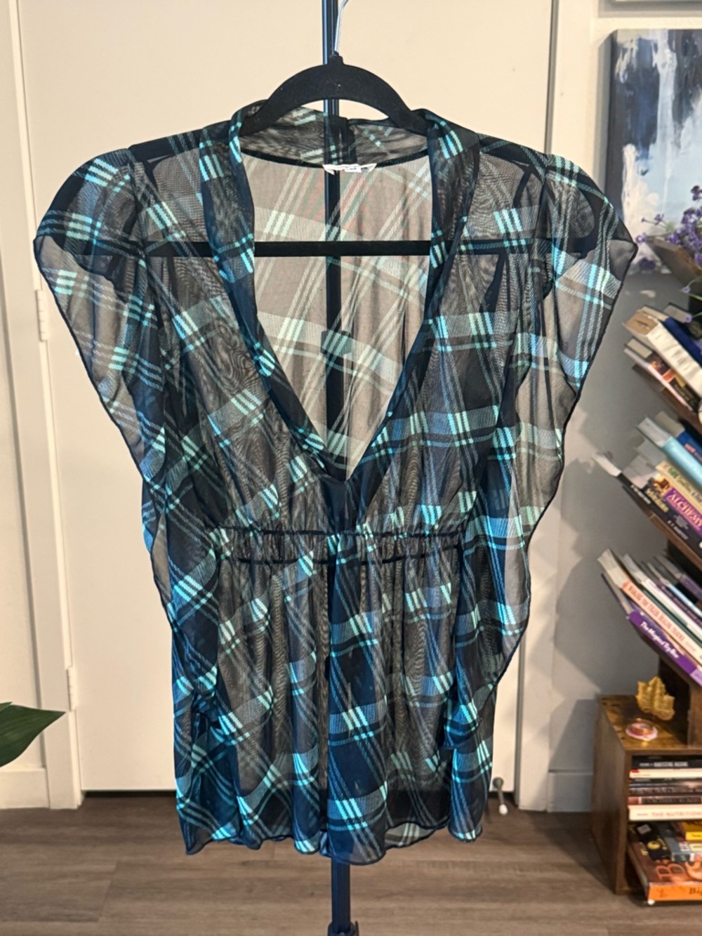 Sheer Black Plaid V-Neck Top with Teal Accents